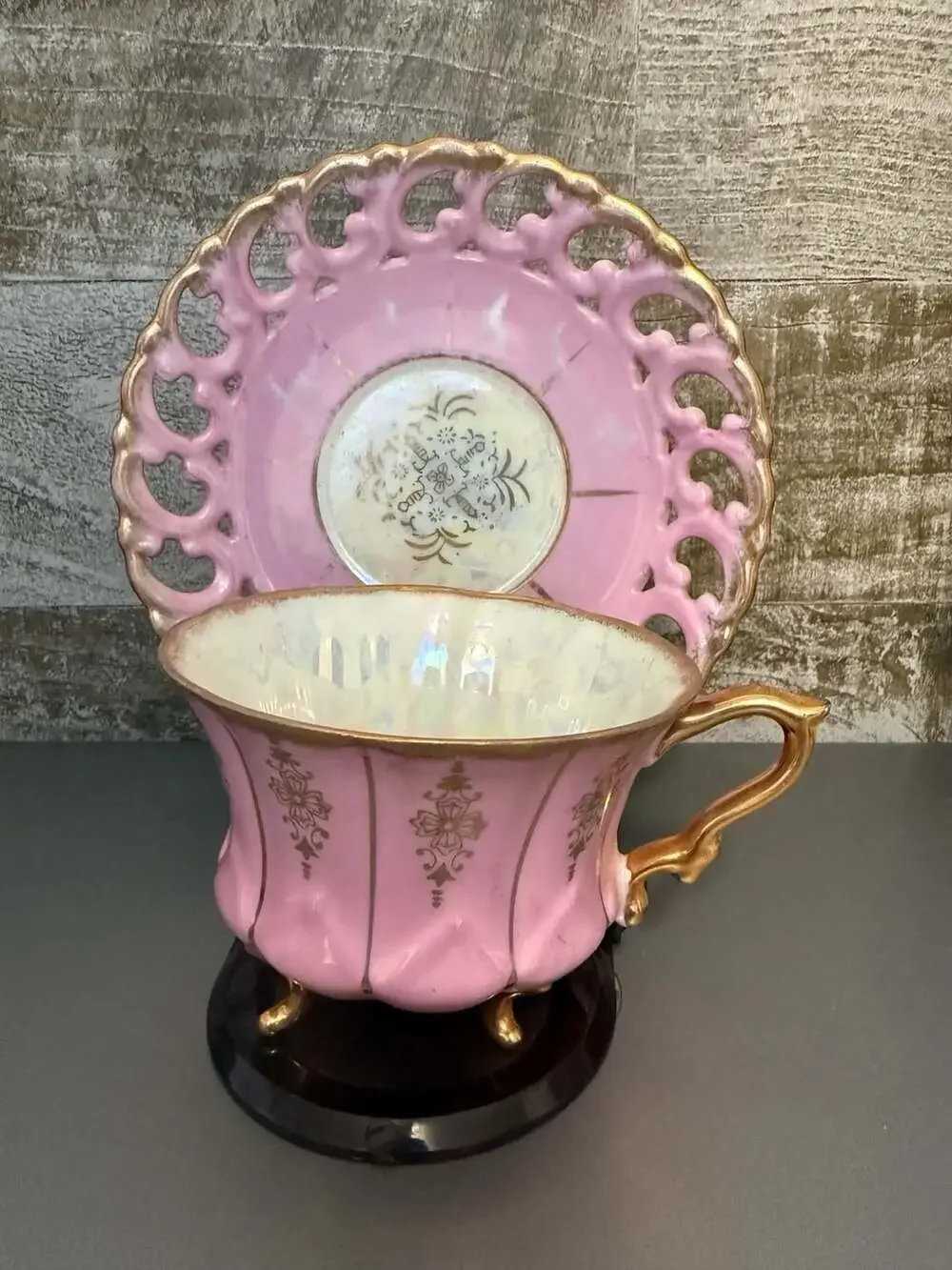 VTG Royal Sealy China Pink Lusterware Footed Tea Cup & Saucer Set